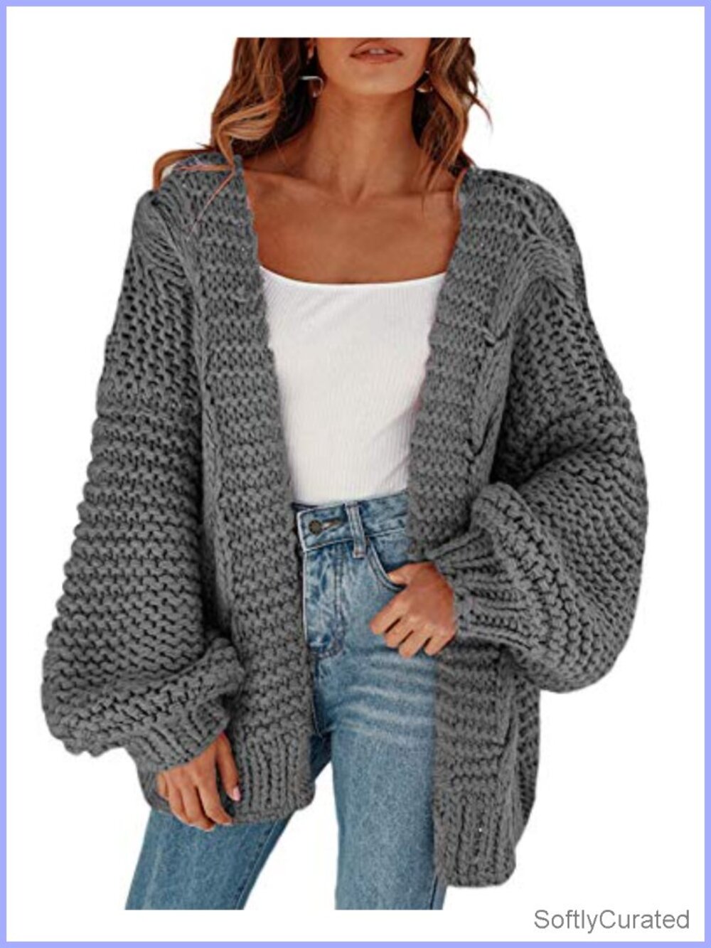 Open Front Chunky Knit Cardigan Loose Lantern Sleeve Oversized Sweater